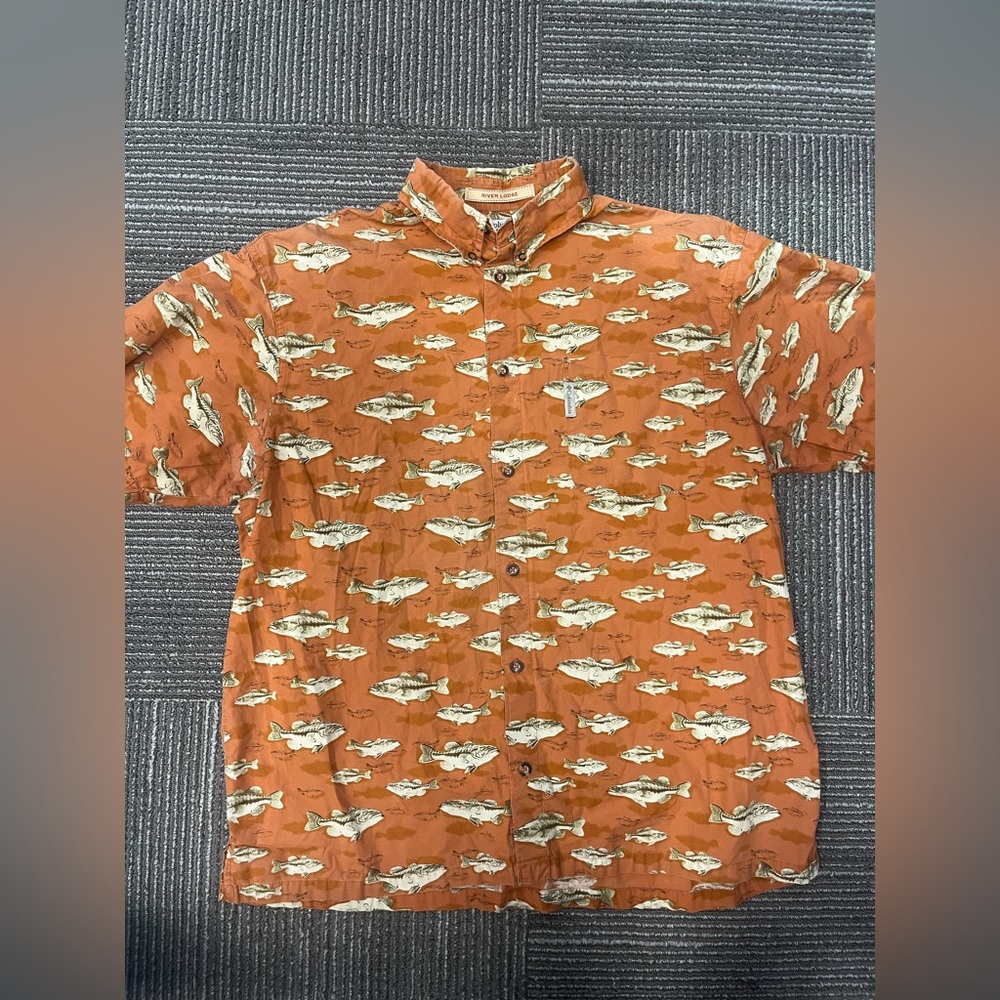 Columbia Mens Button Down River Lodge Large Orange Fish